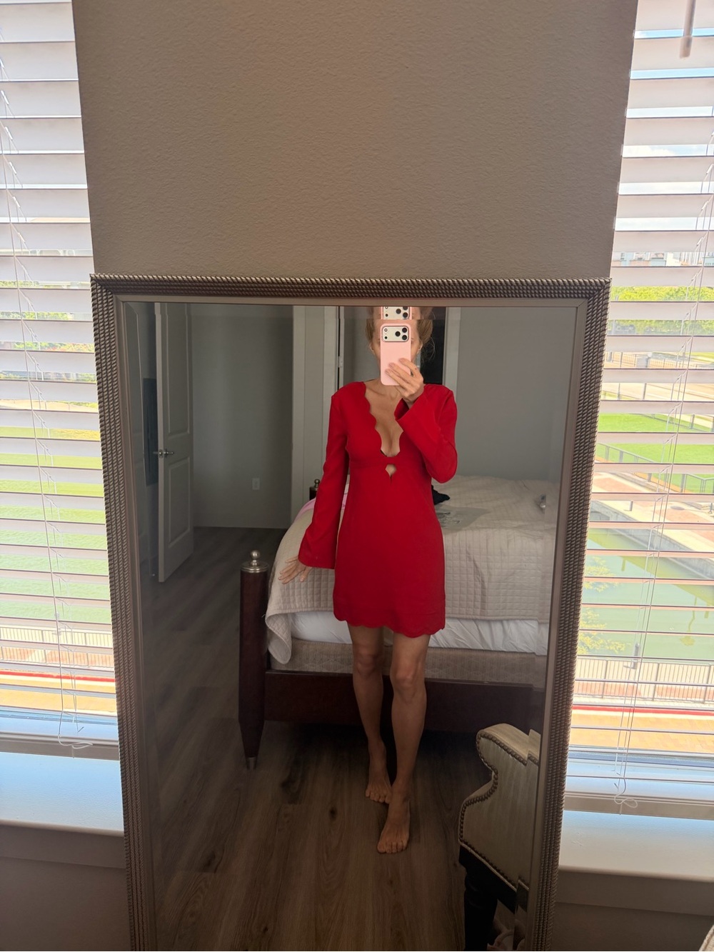 A.L.C. Red Scalloped V-Neck Long-Sleeve Mini Dress